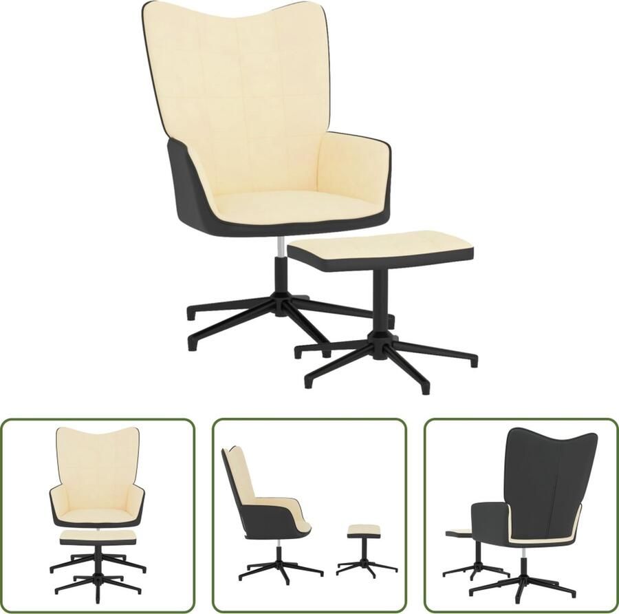 The Living Store Relaxstoel Blokjespatroon Crèmewit 62x68x98 cm 360 graden draaibaar PVC Fluweel Relaxstoel Fluweel Pvc Creme Wit Lounge Stoel - Foto 3