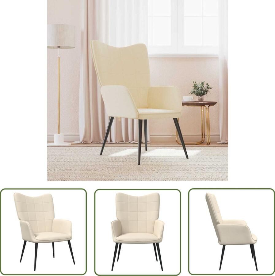 The Living Store Relaxstoel Blokpatroon 61 x 70 x 96.5 cm Crème Stof en Staal Montage vereist Relaxstoel Fauteuils Lounge Chair Stoffen Meubels Creme Kleurtinten - Foto 2