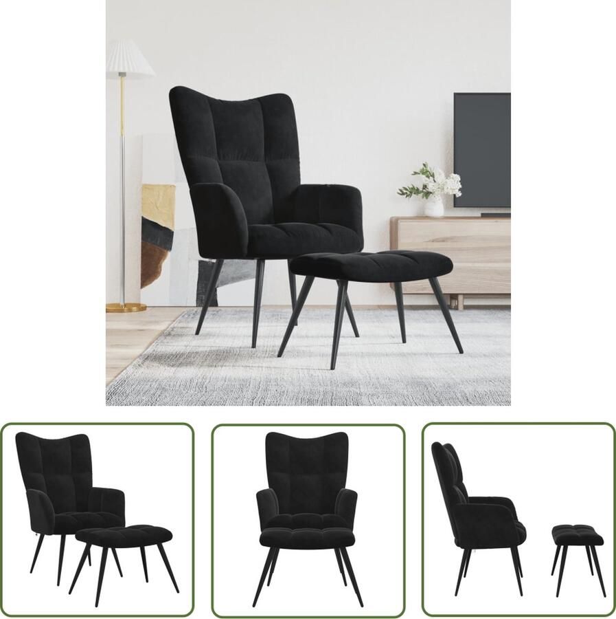 The Living Store Relaxstoel Blokpatroon 61x70x96.5 cm Zwart Fluwelen bekleding Stalen frame Relaxfauteuil Zwarte Fauteuils Velvet Fauteuil Lounge Stoel Loungestoel - Foto 2