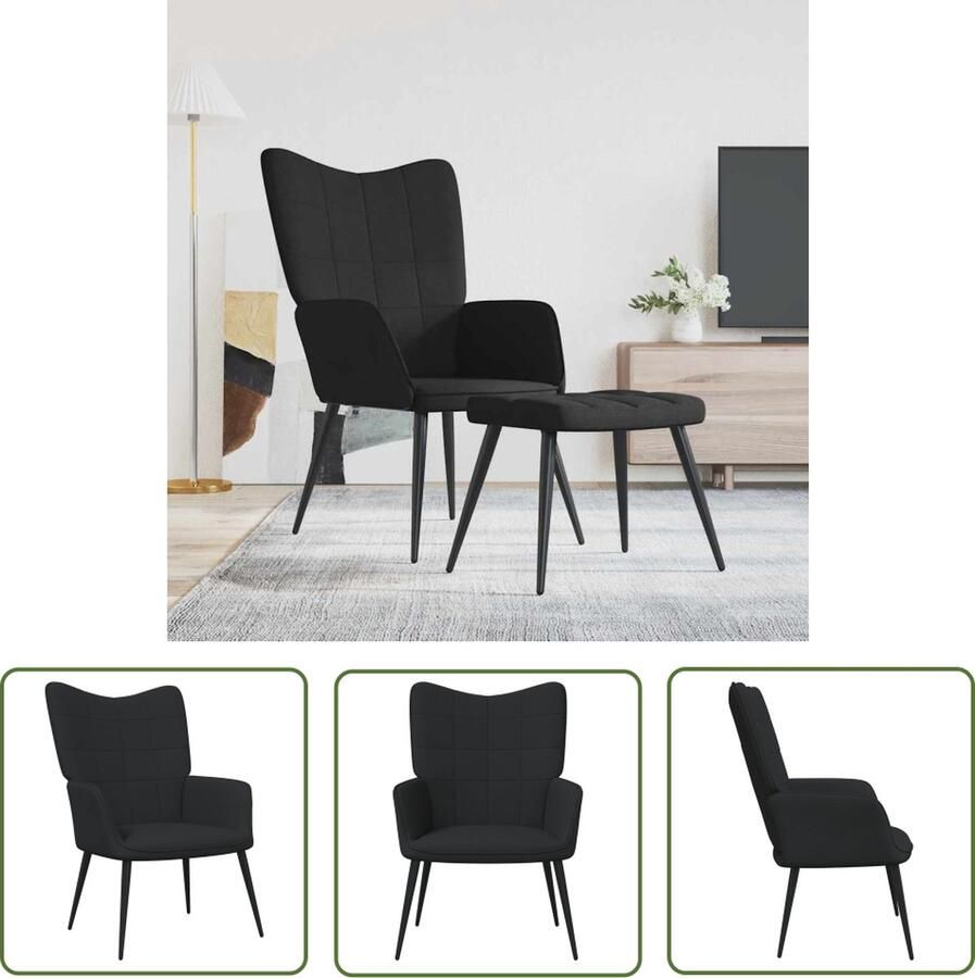 The Living Store Relaxstoel Blokpatroon 61x70x96.5 cm Zwart Relaxstoel Fauteuils Loungestoel Zwarte Stoel Stoffen Stoel - Foto 2