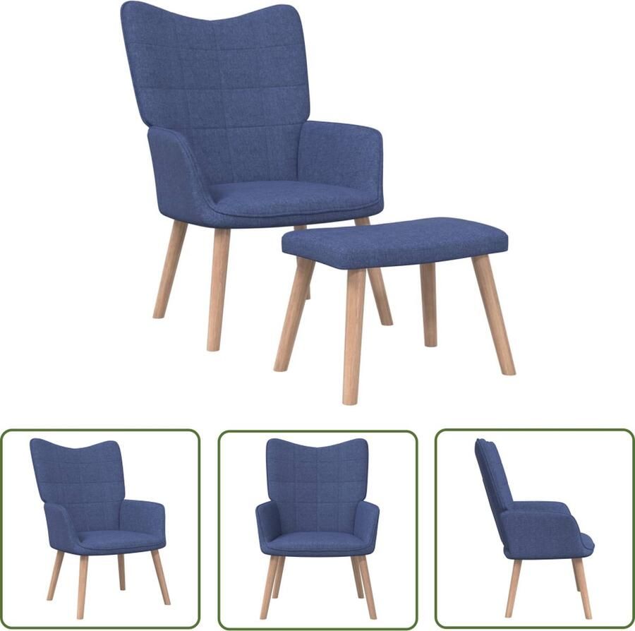 The Living Store Relaxstoel Blokpatroon Blauw 61.5 x 69 x 95.5 cm Stof beukenhout staal Relaxstoel Lounge Chair Blokkpatroon Blauwe Stoffen Meubels Comfortabele Stoel - Foto 2