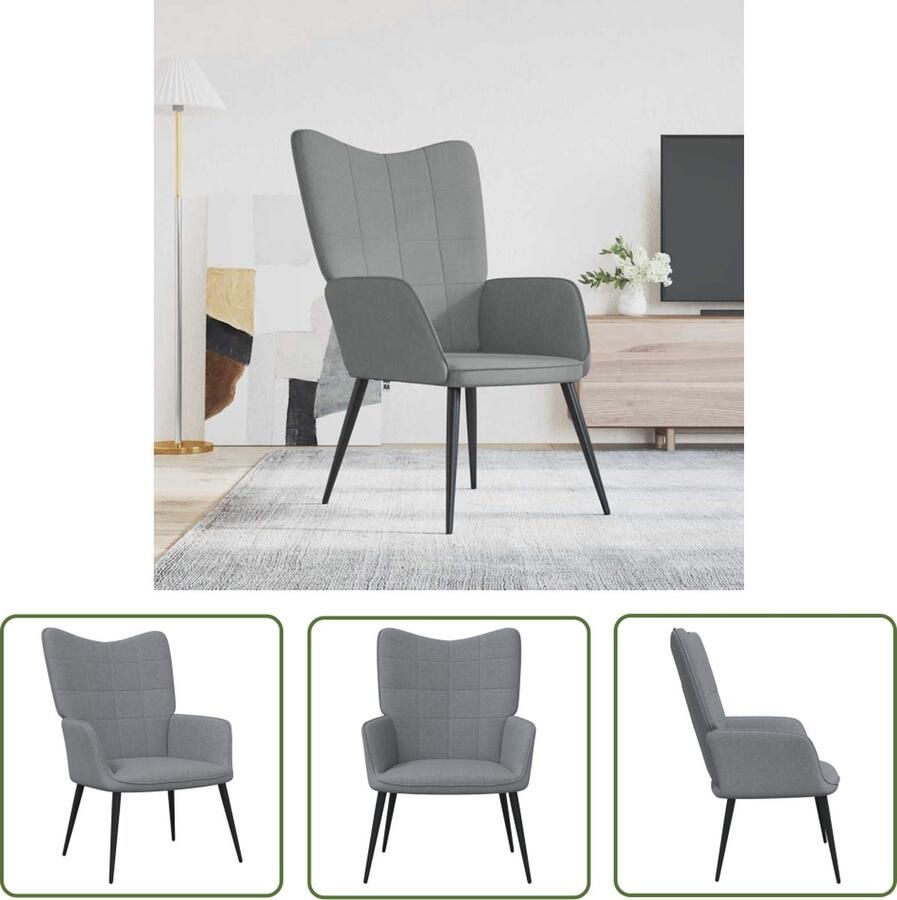 The Living Store Relaxstoel Blokpatroon Lichtgrijs 61 x 70 x 96.5 cm Stof Staal Relaxstoel Stof Grijs Lounge Stoel Fauteuils