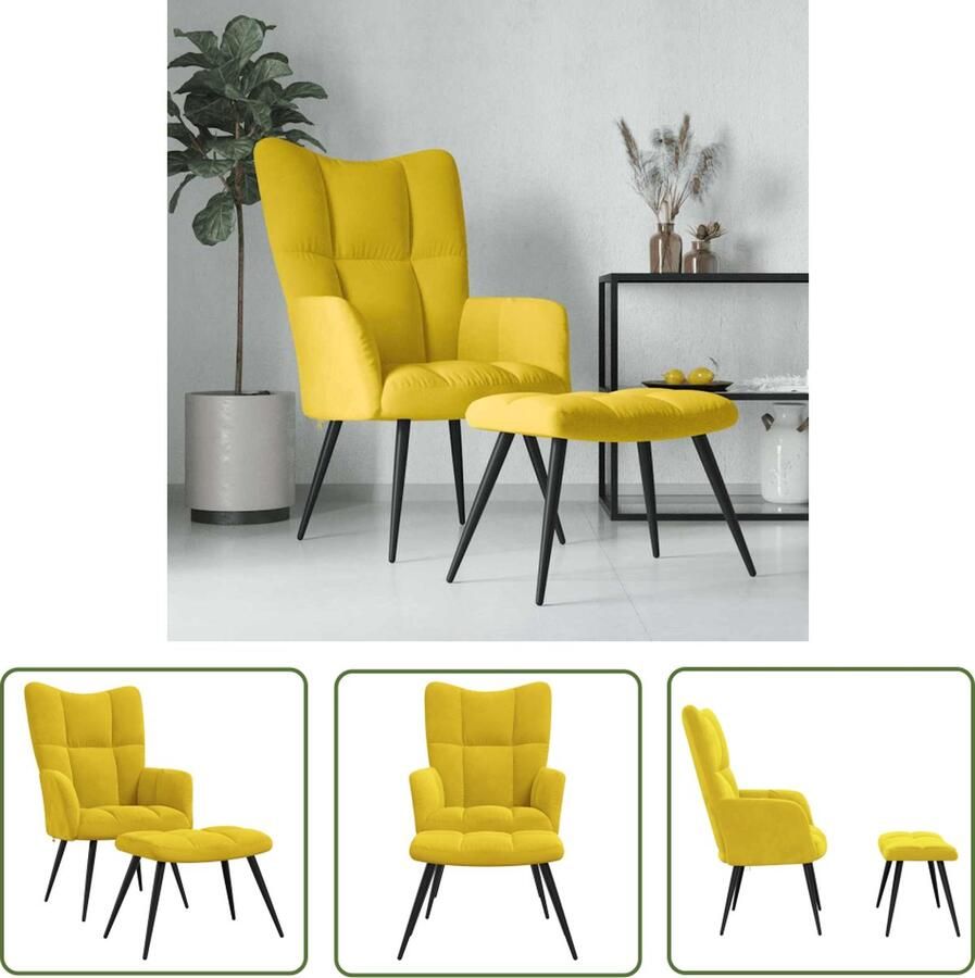 The Living Store Relaxstoel Blokpatroon Mosterdgeel Fluweel Staal 61x70x96.5 cm Relaxfauteuil Fluweel Mustard Geel Lounge Stoel Fauteuils - Foto 2