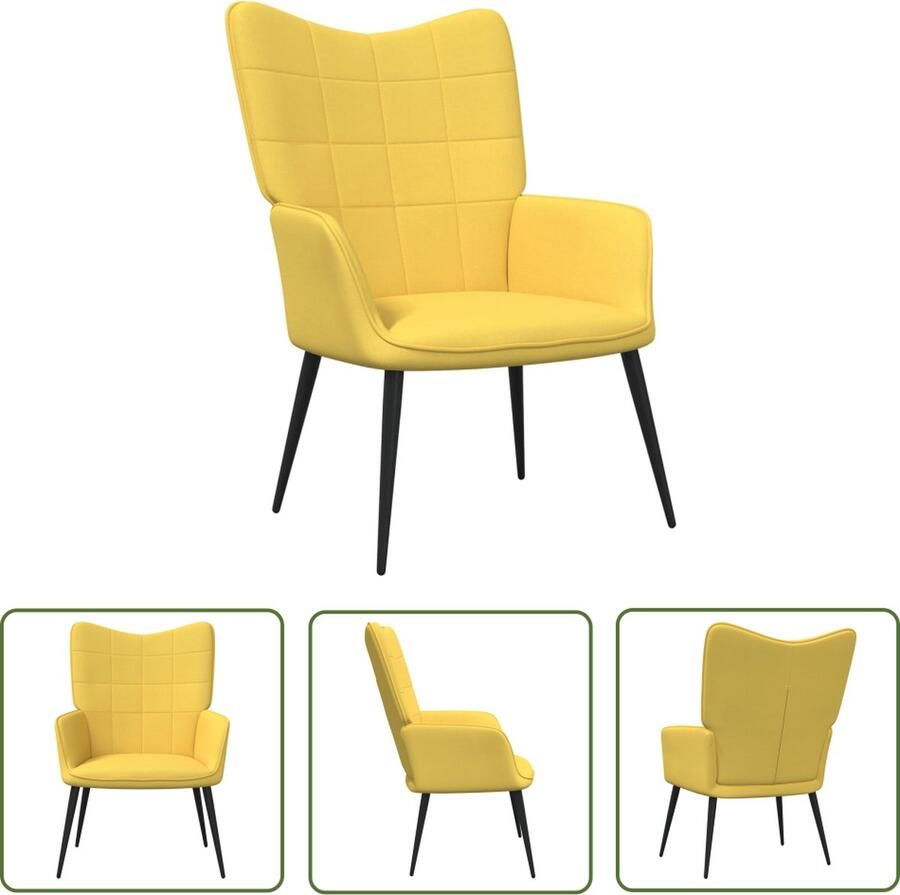 The Living Store Relaxstoel Blokpatroon Polyester Staal 61x70x96.5 cm Mosterdgeel Relaxfauteuil Mosterdgeel Blokkpatroon Lounge Stoel Fauteuiltje - Foto 3