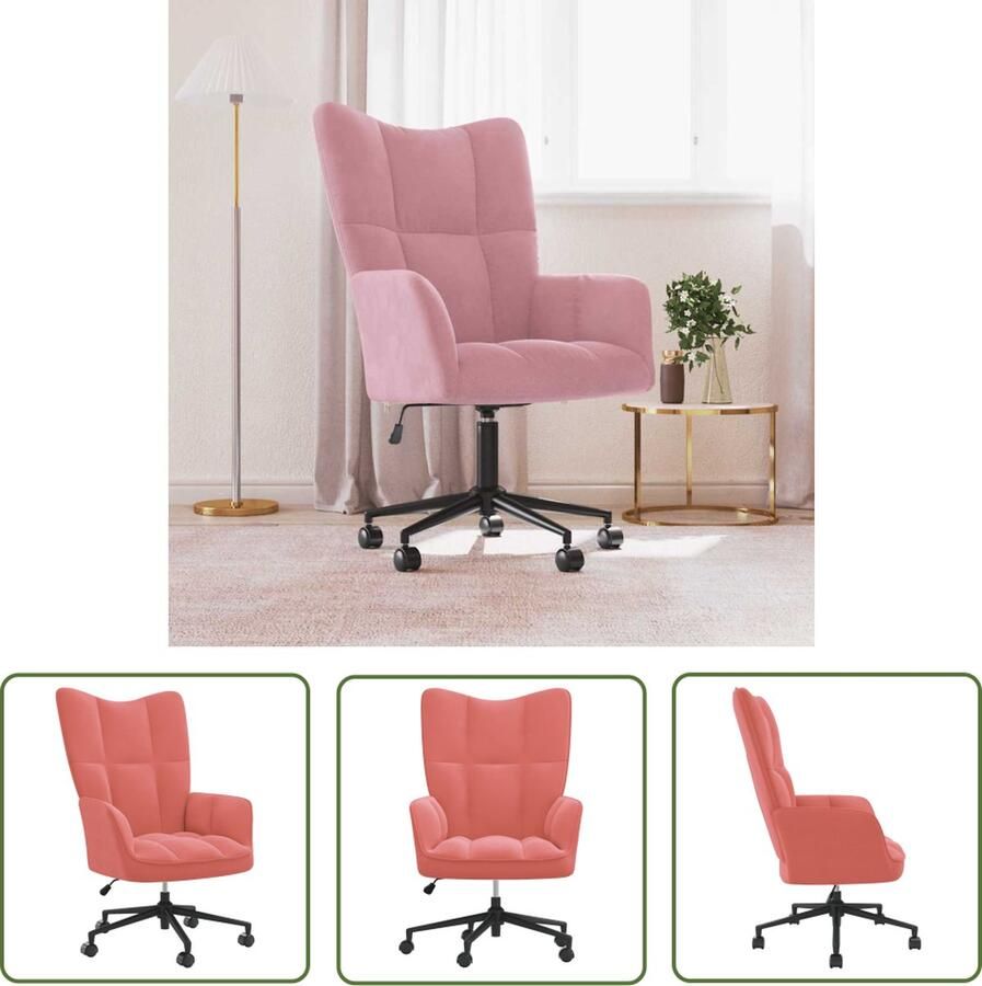 The Living Store Relaxstoel Bureaustoel Fluwelen bekleding Gasveermechanisme Draaibaar Roze Relaxstoel Bureaustoel Fluweel Roze Ergonomisch