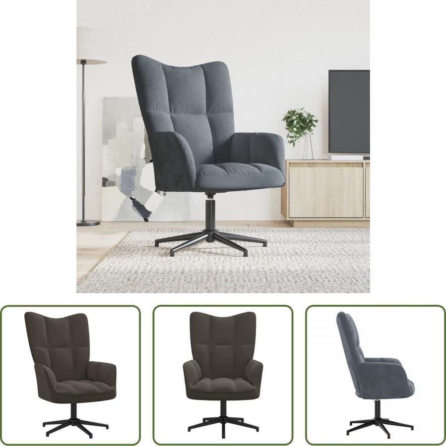 The Living Store Relaxstoel Chic Donkergrijs Fluweel 62x68x91 cm 360 graden draaibaar Relaxfauteuil Donker Grijs Fluweel Lounge Stoel Fauteuils - Foto 2