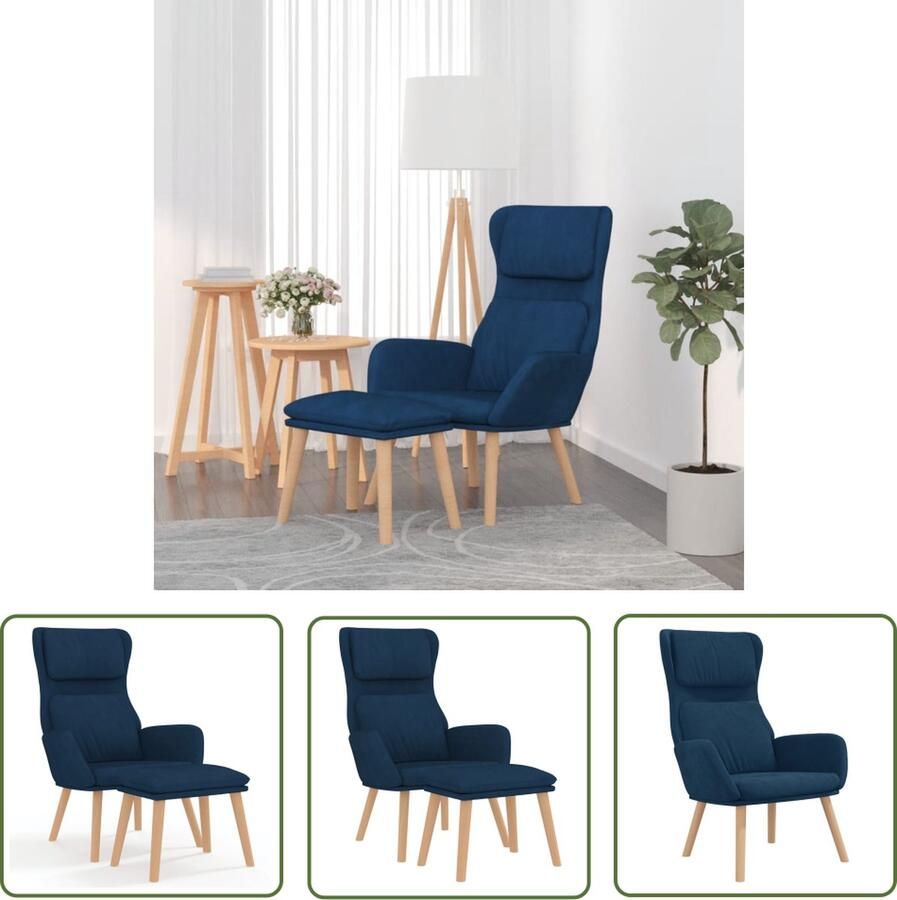 The Living Store Relaxstoel Fluweel Blauw 70 x 77 x 98 cm Comfortabel en stabiel Incl voetenbank - Foto 2