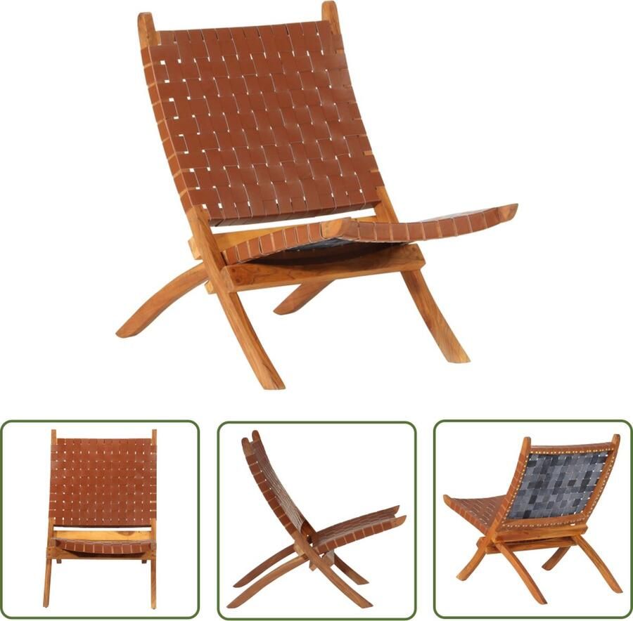 The Living Store Relaxstoel Bruin Geitenleer 55x67x79 cm Inklapbaar Relaxfauteuil Lederen Stoel Klapstoel Tuinstoel Lounge Stoel