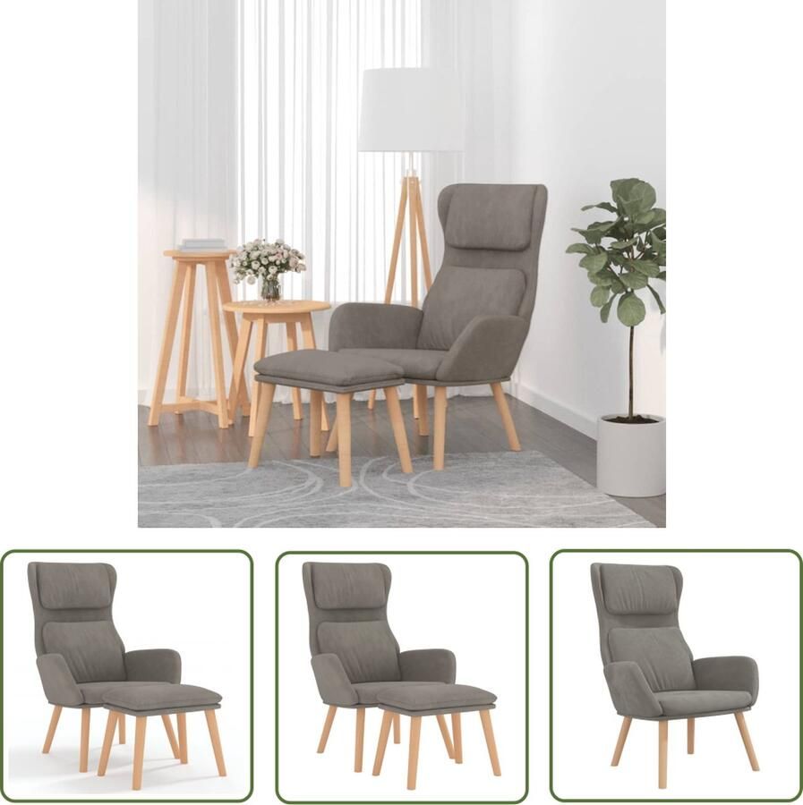 The Living Store Relaxstoel Lichtgrijs Fluweel Comfortabele stoel met voetenbank 70x77x98cm Metaal en multiplex