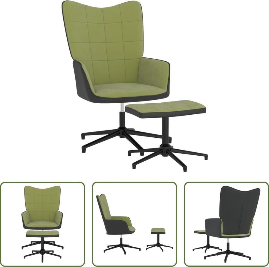 The Living Store Relaxstoel met voetenbank fluweel en PVC lichtgroen Relaxfauteuil Lounge Stoel Fauteuils Loungestoel Velvet Meubels - Foto 2