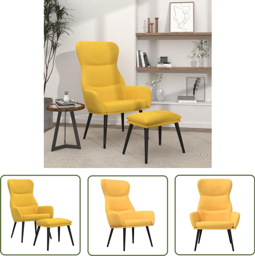 The Living Store Relaxstoel met voetenbank stof mosterdgeel Relaxfauteuil Fauteuil Loungestoel Mosterdgeel Meubilair Comfy Stoel