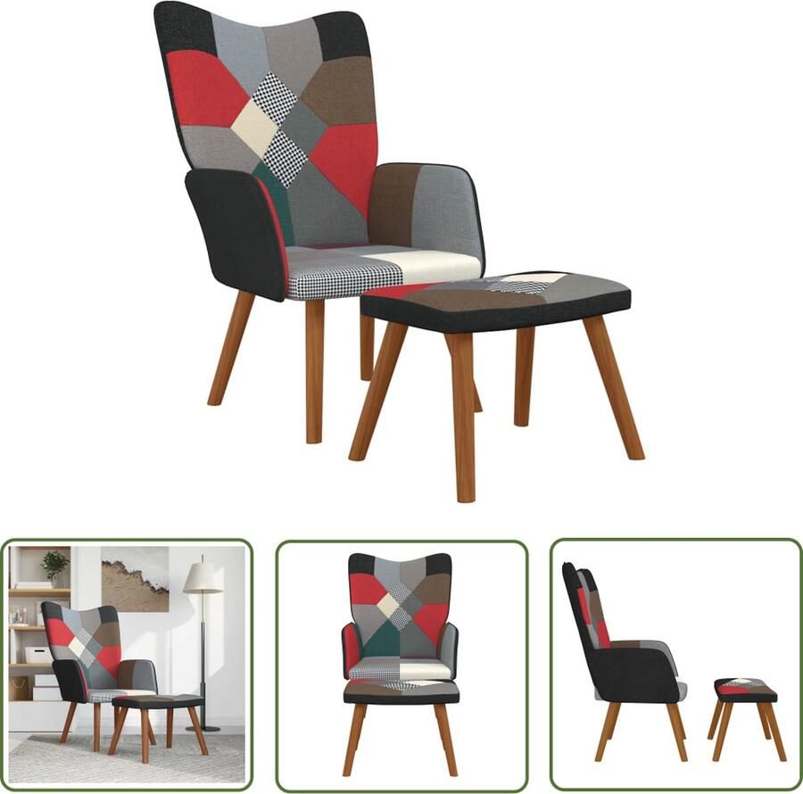 The Living Store Relaxstoel Patchwork Armstoel Meerkleurig 61.5 x 69 x 95.5 cm Massief beukenhout en staal Relaxstoel Fauteuils Loungestoel Patchwork Multicoloured - Foto 2