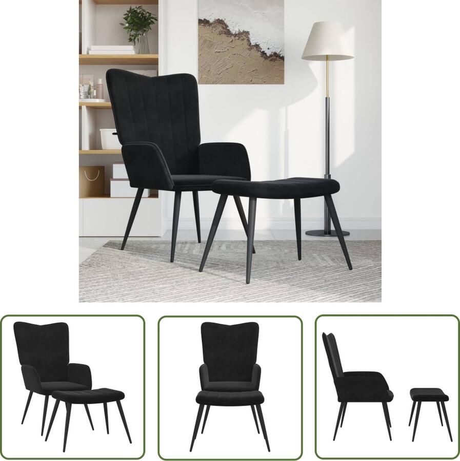 The Living Store Relaxstoel Stoel en Voetenbank 61x70x96.5cm Zwart Relaxfauteuil Lounge Stoel Fauteuils Loungestoel Velvet Bank