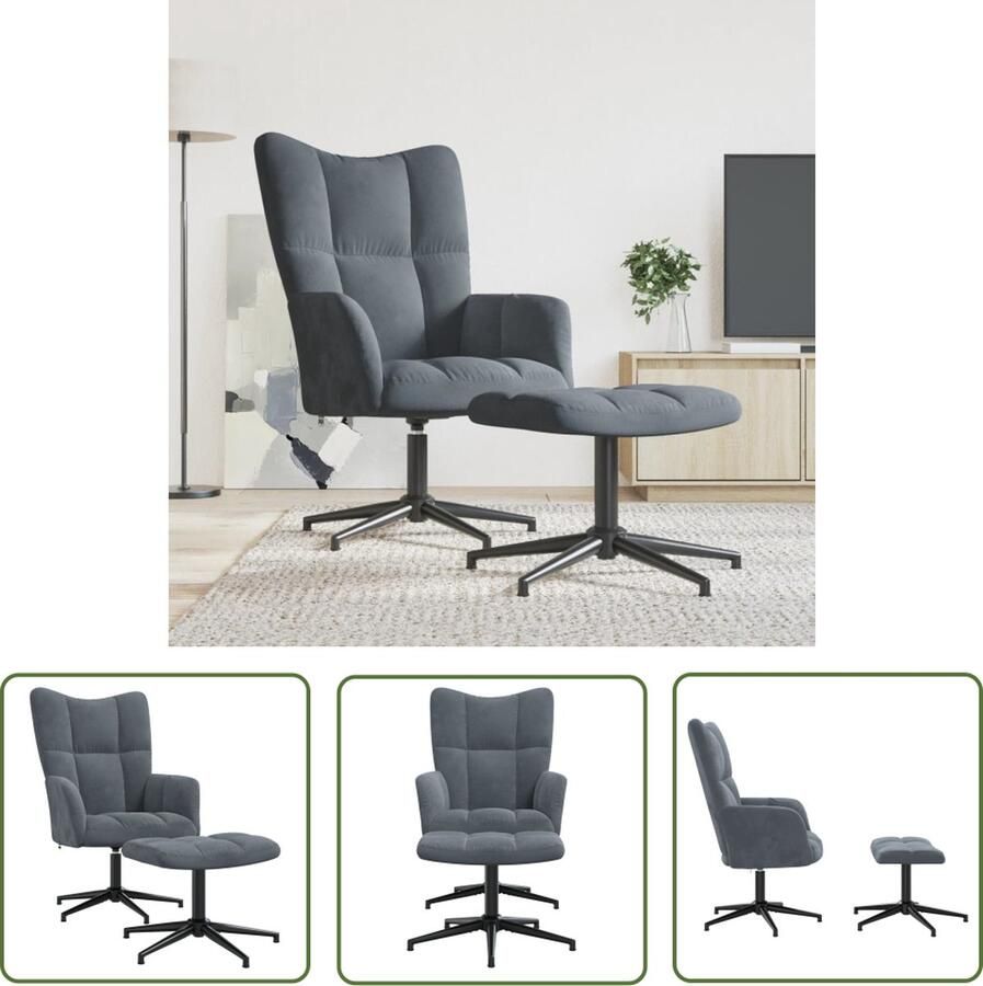 The Living Store Relaxstoel Velvet Donkergrijs 62x68x98cm 360 graden draaibaar Relaxfauteuil Velvet Fauteuil Donkere Grijze Fauteuil Drehbare Fauteuil Lounge Stoel