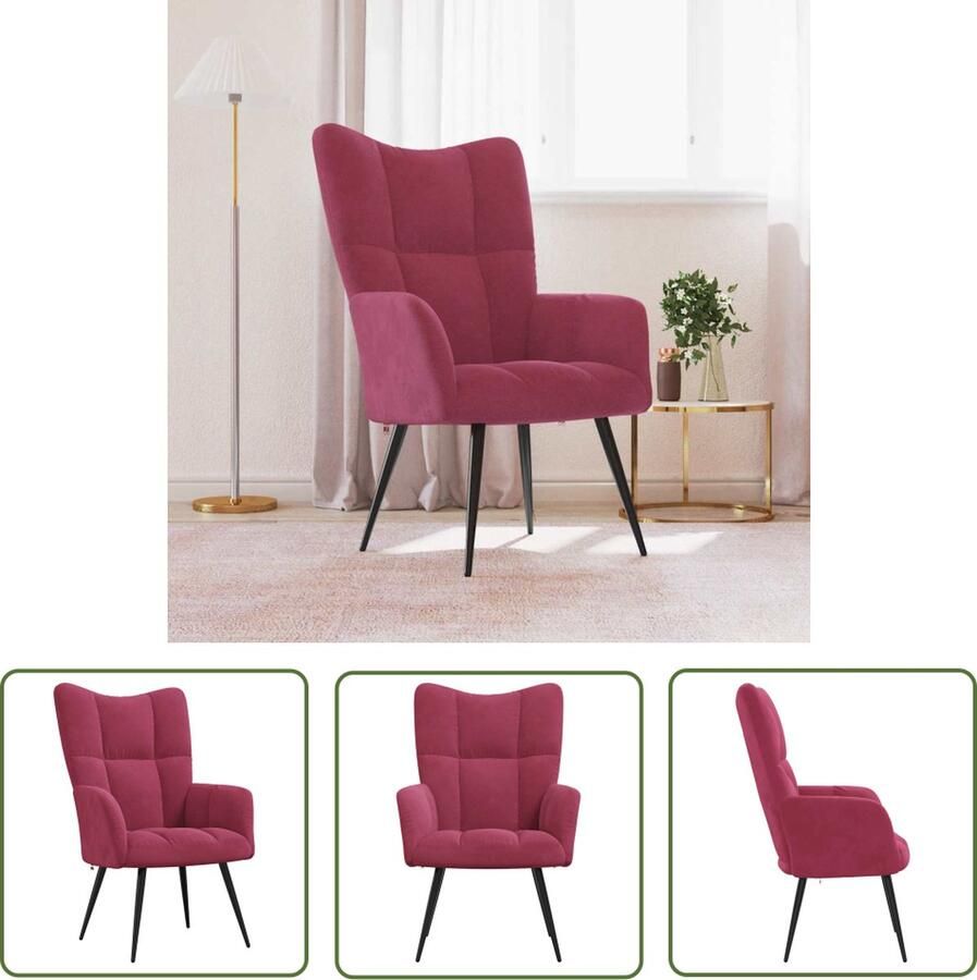The Living Store Relaxstoel Vintage Fluwelen Zitting Wijnrood 61x70x96.5cm Relaxfauteuil Vintage Fauteuil Fluweelfauteuil Rode Fauteuil Lounge Chair - Foto 2