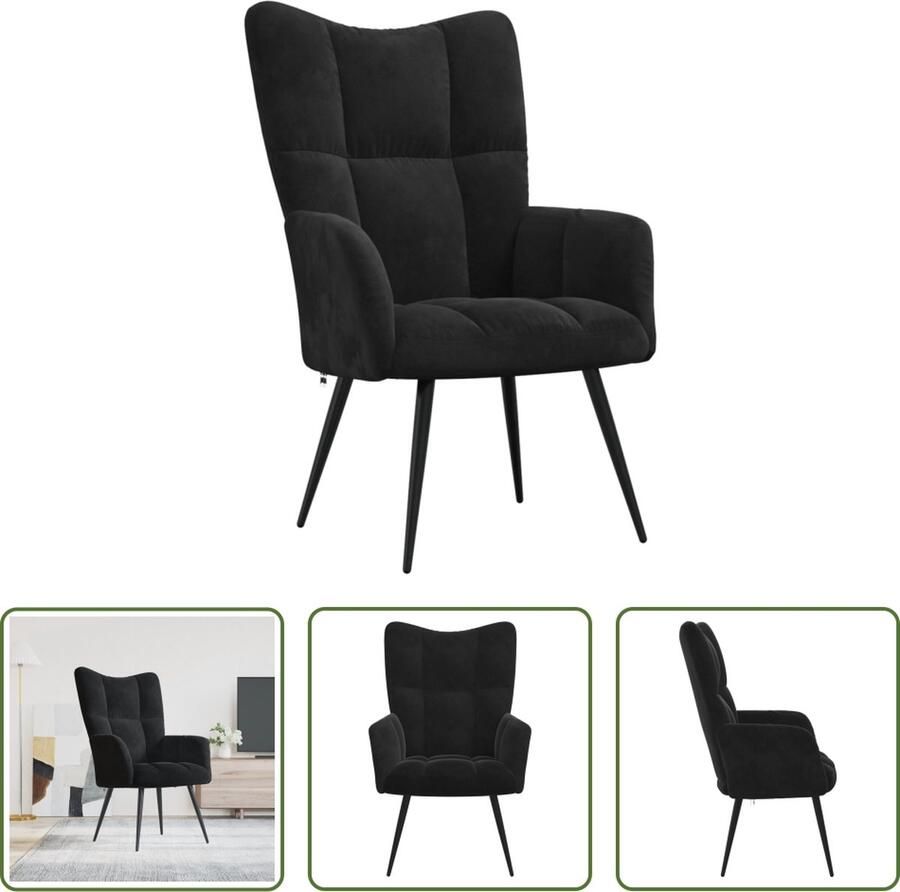 The Living Store Relaxstoel Zwart 61 x 70 x 96.5 cm Fluweel en Staal Relaxfauteuil Zwarte Fauteuil Velvet Fauteuil Lounge Stoel Moderne Stoel - Foto 3