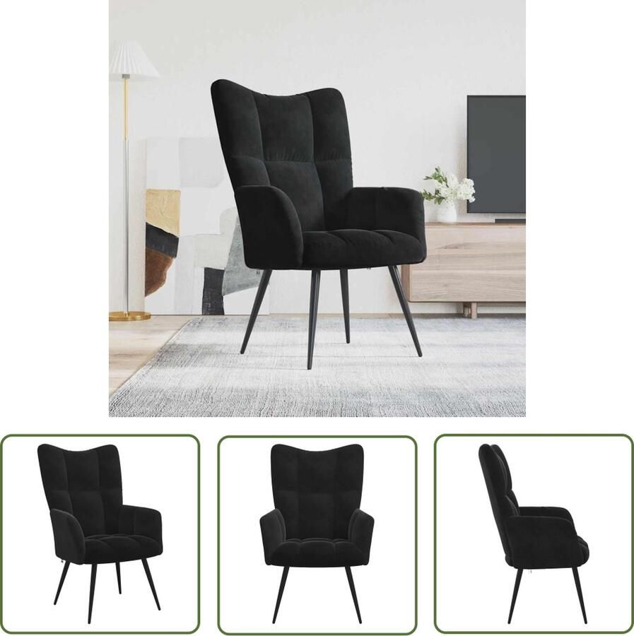 The Living Store Relaxstoel Zwart 61 x 70 x 96.5 cm Fluweel en Staal Relaxfauteuil Zwarte Fauteuil Velvet Fauteuil Lounge Stoel Moderne Stoel - Foto 2
