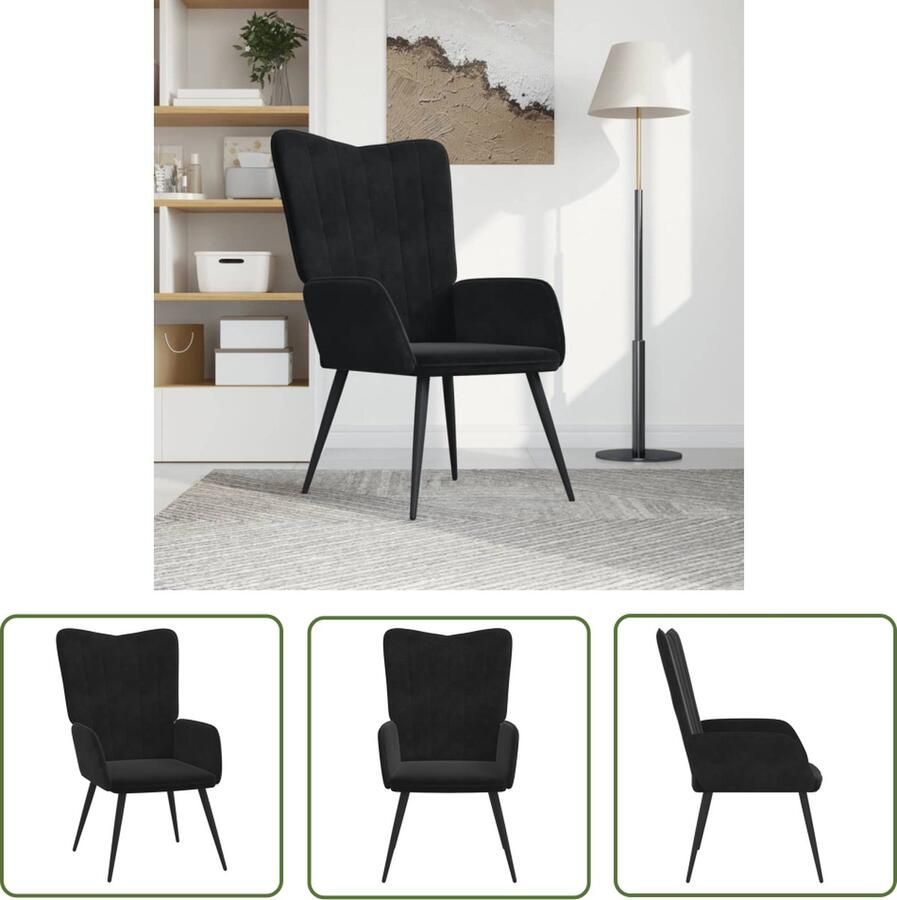 VidaXL The Living Store Relaxstoel Zwart Fluwelen bekleding Stalen frame 61x70x96.5 cm Relaxfauteuil Zwarte Fauteuils Velvet Fauteuil Lounge Stoel Comfortabele Stoel