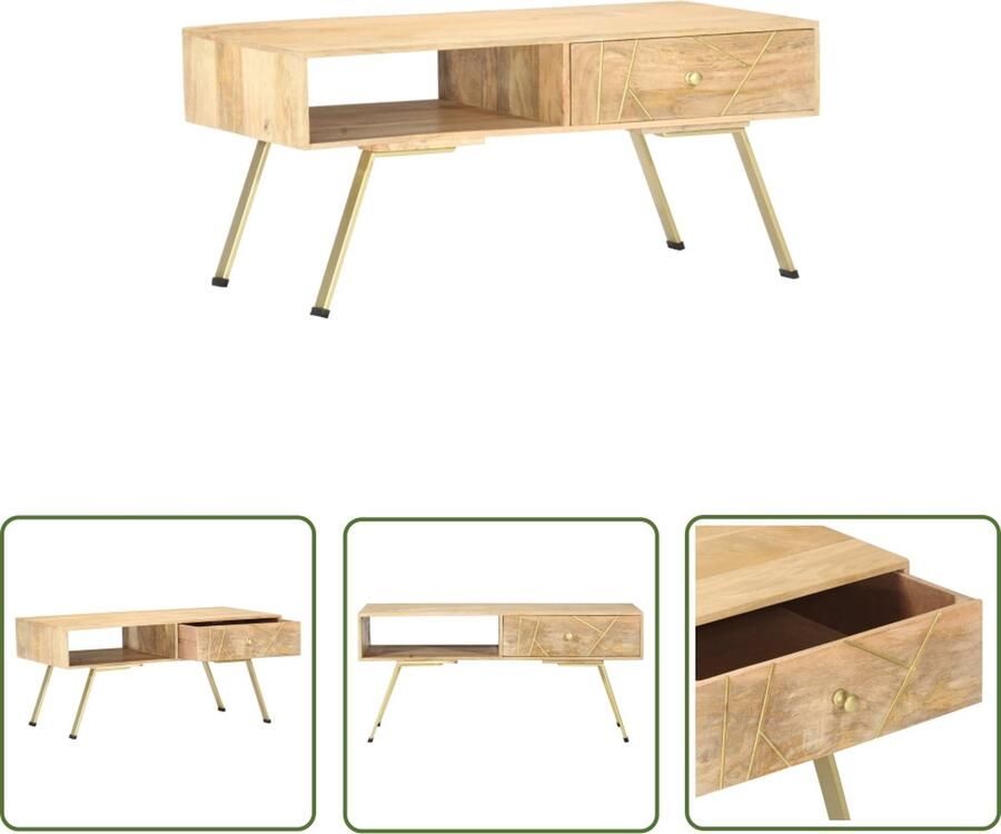 The Living Store Retro Salontafel Massief Mangohout Staal 95 x 50 x 42 cm Lichthout Messing