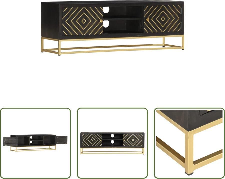 The Living Store Retro Tv-meubel 120 x 30 x 40 cm Zwart en Goud Massief Mangohout en Gepoedercoat Staal - Foto 2