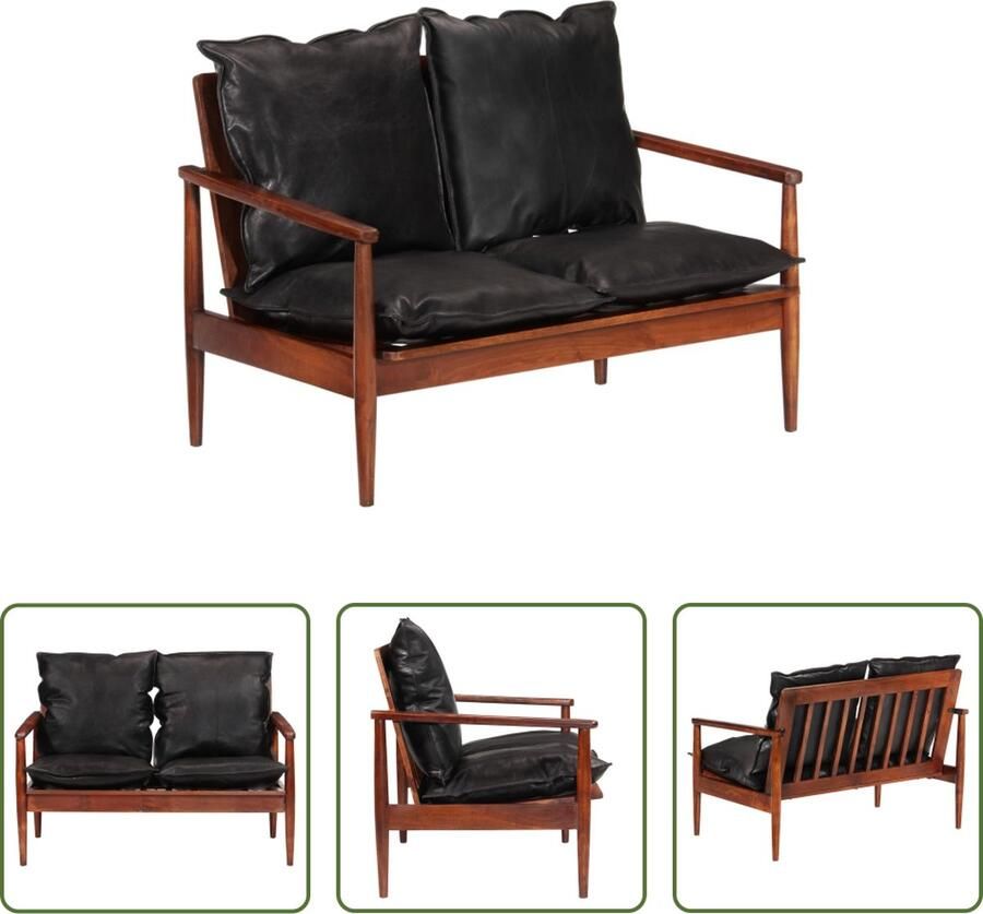 The Living Store Retro Tweezitsbank Massief acaciahout Comfortabel zitten Eenvoudig te reinigen Unieke kleuren en nerven Zwart Echt leer en schuim 99 x 65 x 72 cm - Foto 2
