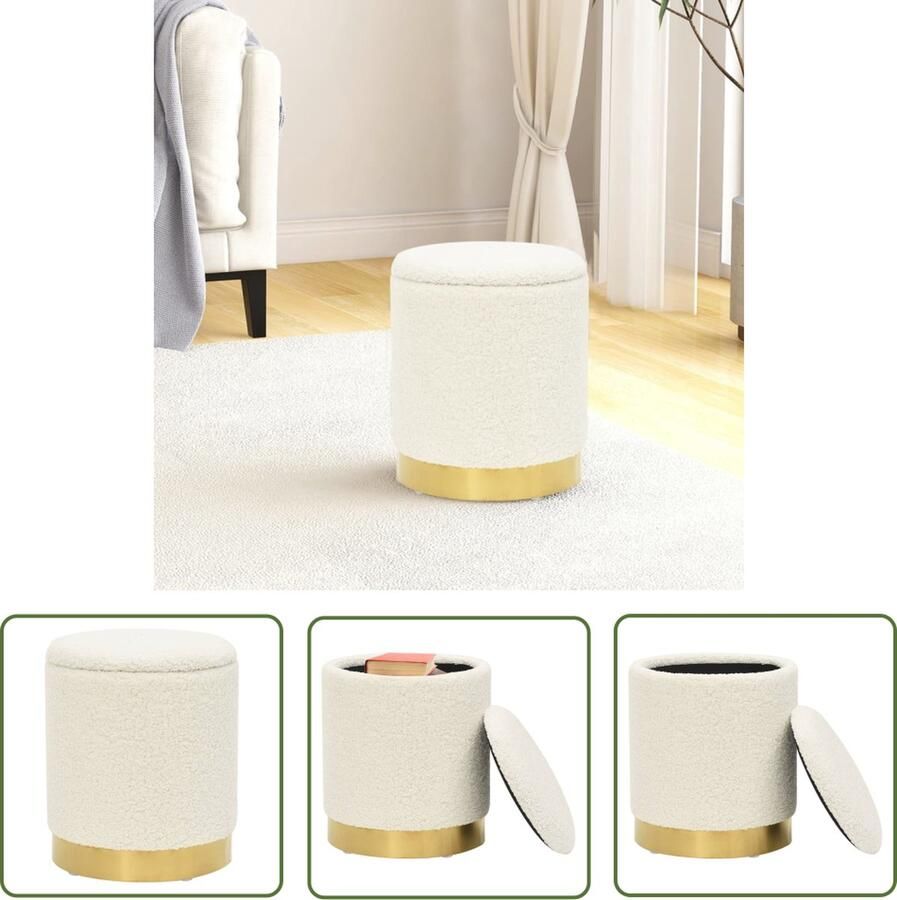 The Living Store Ronde Hocker Fleece 31 x 37 cm Opbergruimte Wit Ijzeren Basis