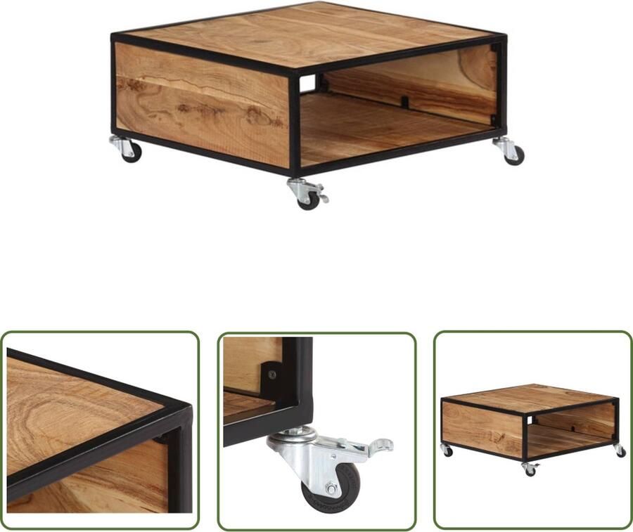 The Living Store Rustieke Acaciahouten Salontafel 70x70x32 cm Met 1 vak en 4 wieltjes - Foto 2