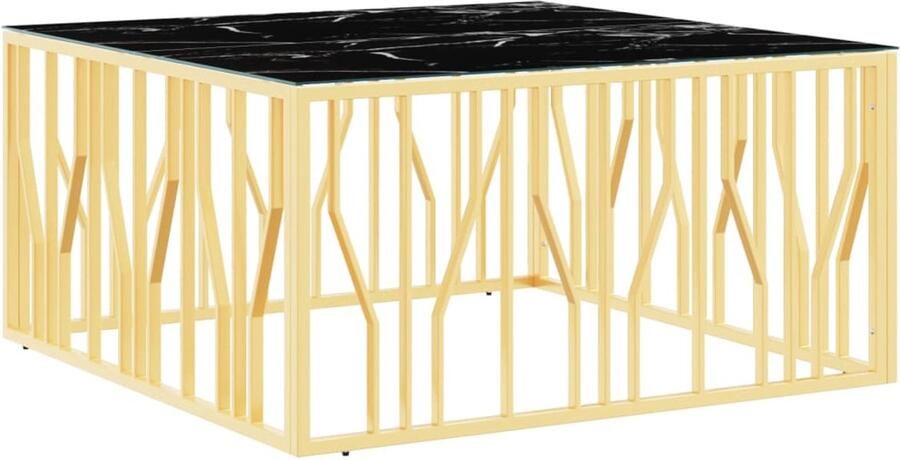 The Living Store Salontafel 100x100x50 cm roestvrij staal en glas goudkleurig Salontafel Marmer Look Gouden Kleur Roestvrijstaal Glazen Tafelblad