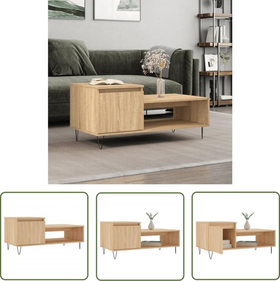 The Living Store Salontafel Sonoma Eiken Bewerkt Hout en Metaal 100 x 50 x 45 cm Salontafel Bijzettafel Houten Salontafel Sonoma Eiken Tv Tafeltje