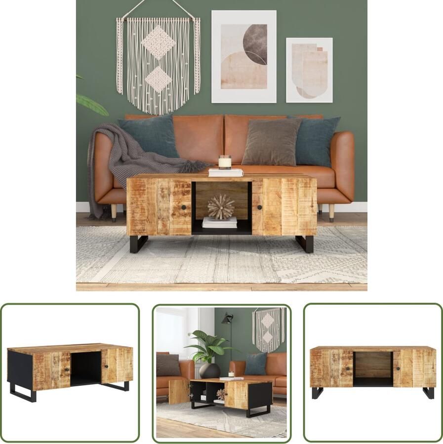 The Living Store Salontafel 100x54x40 cm massief mangohout en bewerkt hout Salontafel Mangohouten Salontafel Houten Salontafel Bijzettafel Salontafel Met Opbergvakken