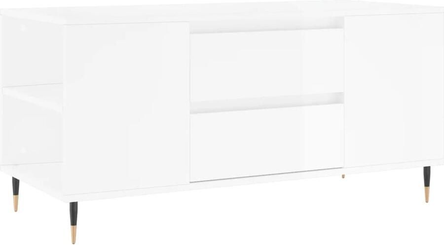 The Living Store Salontafel Hoogglans Wit 102 x 44.5 x 50 cm Met 2 lades en 4 vakken Salontafel Houten Salontafel Witte Salontafel Modern Salontafel Bijzettafel