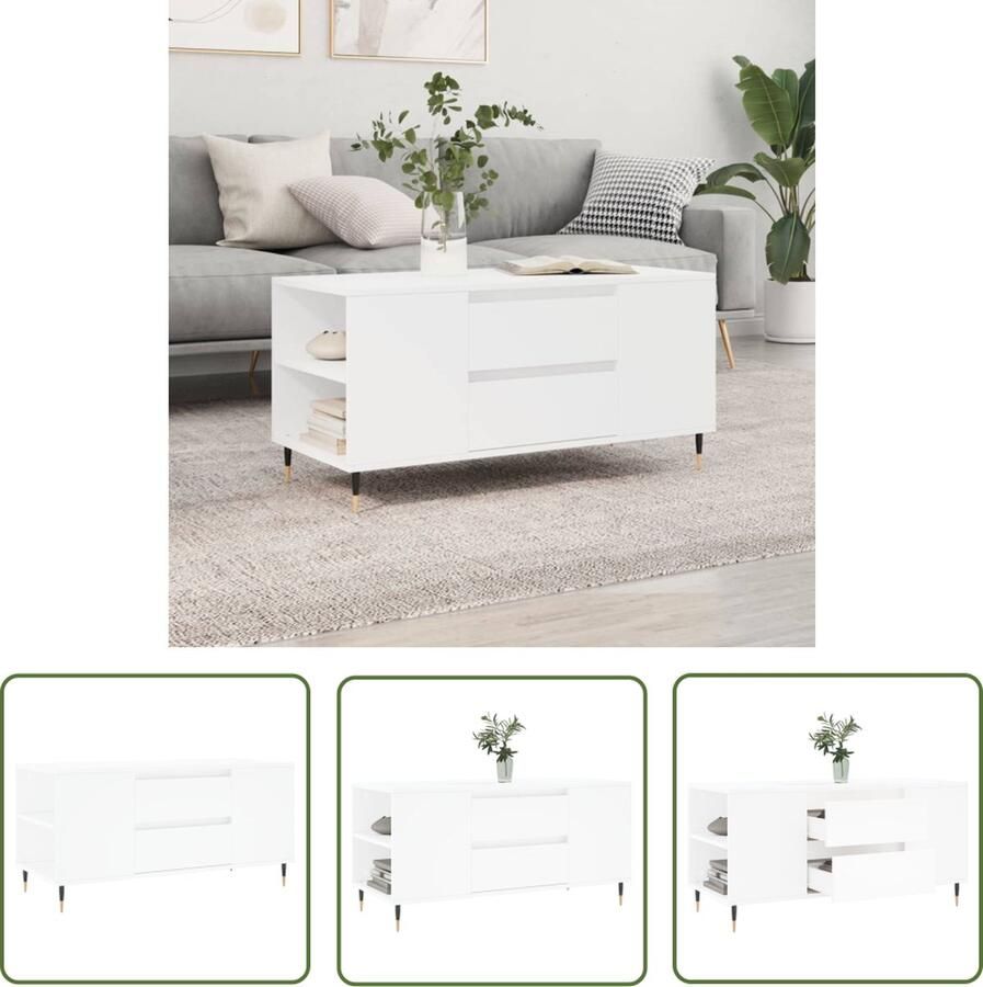 The Living Store Salon Bijzettafel Wit 102 x 44.5 x 50 cm Bewerkt hout en metaal Salontafel Witte Salontafel Houten Salontafel Met Lade Salontafel Met Opbergvakken