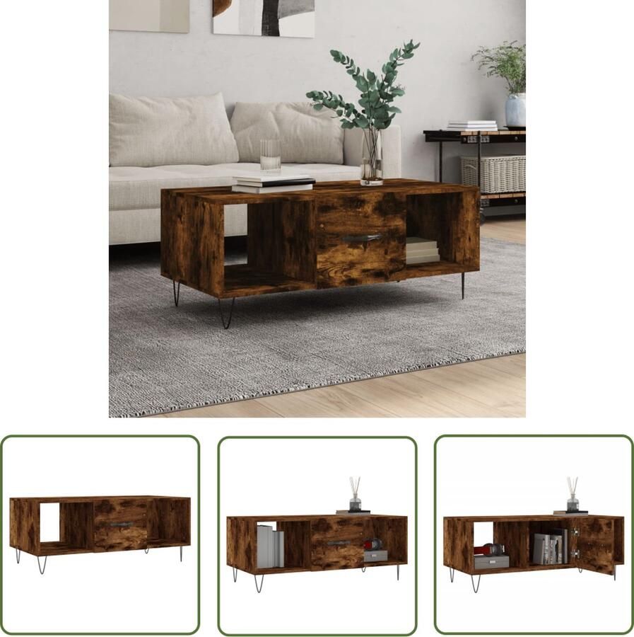 The Living Store Salontafel Gerookt Eiken Bewerkt hout en ijzer 102 x 50 x 40 cm Opbergruimte Stevig tafelblad Praktische deur IJzeren poten Bruin Montage vereist