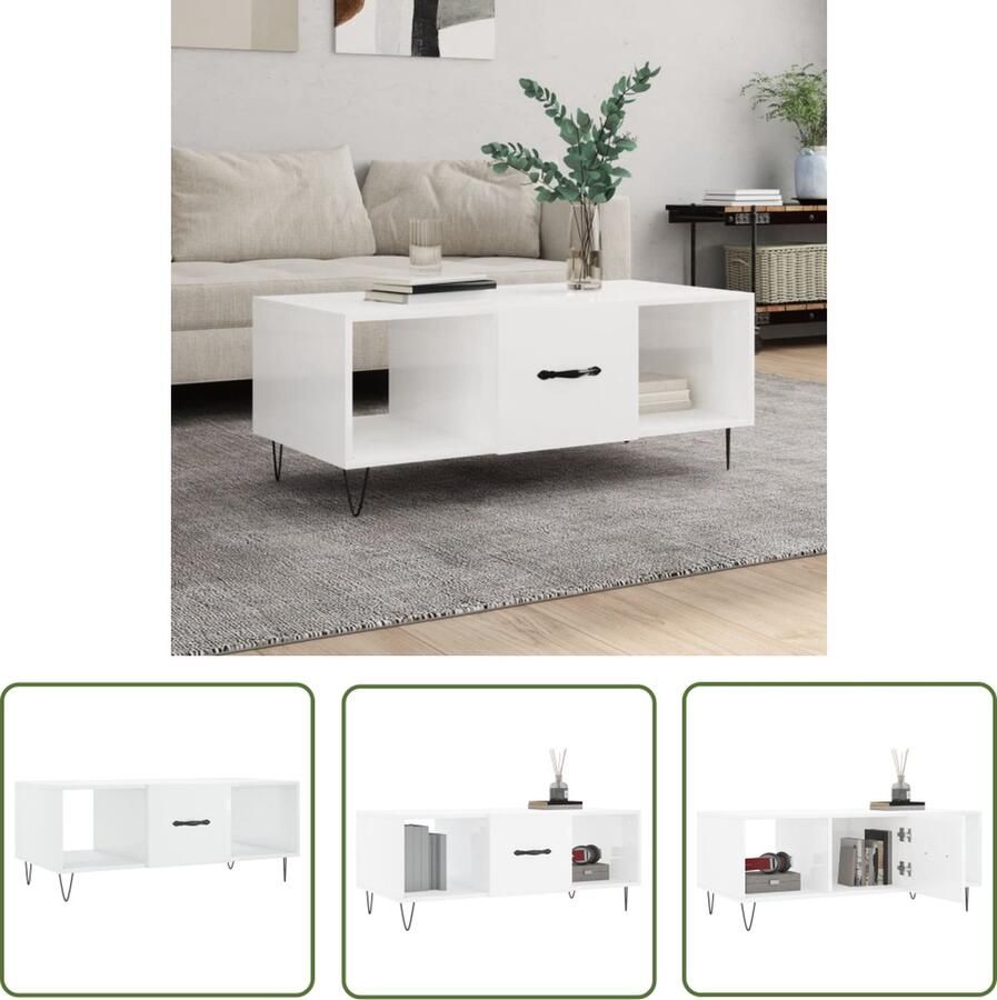 The Living Store Salontafel Hoogglans wit 102 x 50 x 40 cm Met opbergruimte en praktische deur Salontafel Witte Salontafel Houten Salontafel Met Lade Salontafel Met Opbergvak