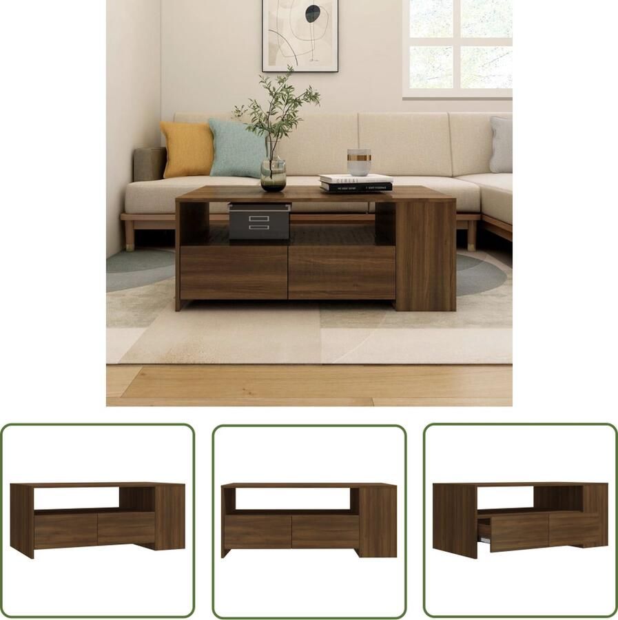 The Living Store Salontafel 102x55x42 cm bewerkt hout bruin eikenkleur Salontafel Houten Salontafel Bruine Salontafel Eiken Salontafel Opbergruimte Salontafel - Foto 2
