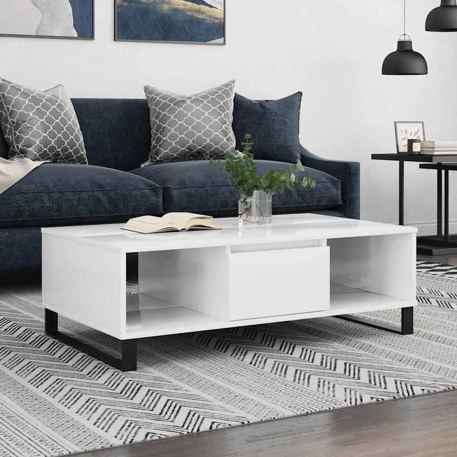 The Living Store Salontafel Hoogglans wit 104 x 60 x 35 cm Met 3 vakken Stevig bewerkt hout en ijzer Salontafel Hoogglanstablet Houten Salontafel Wit Meubilair Livingroom Furniture