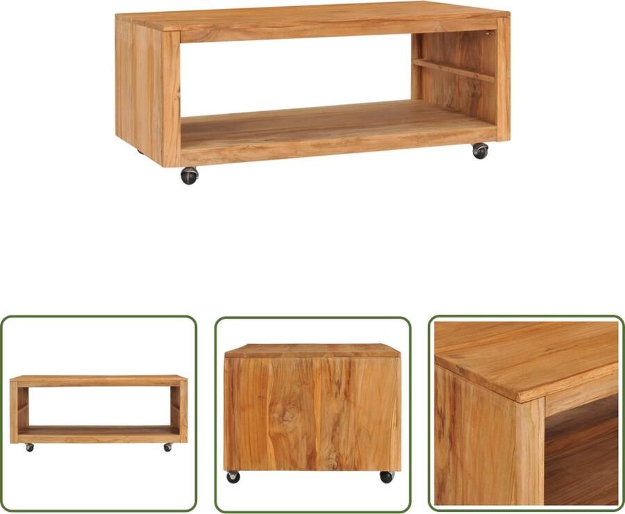 The Living Store Salontafel Teakhout 110x60x40 cm Met wielen Salontafel Teak Hout Landelijke Stijl Koffietafel Woonkamer Meubilair Vintage Tafel Industriële Tafel Multifunctionele Tafel Robuuste Tafel Met Wielen