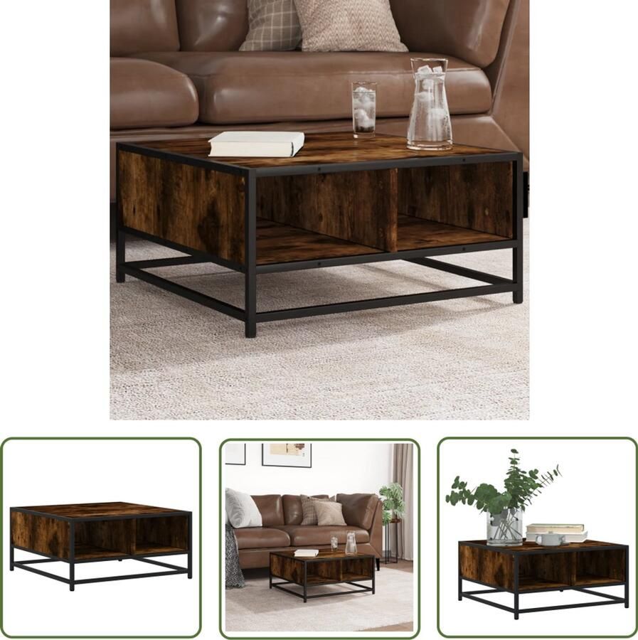 The Living Store Salontafel 60 5x60 5x30 cm bewerkt hout en metaal gerookt eiken Salontafel Industrieel Design Houten Tafel Metalen Onderstel Opbergruimte