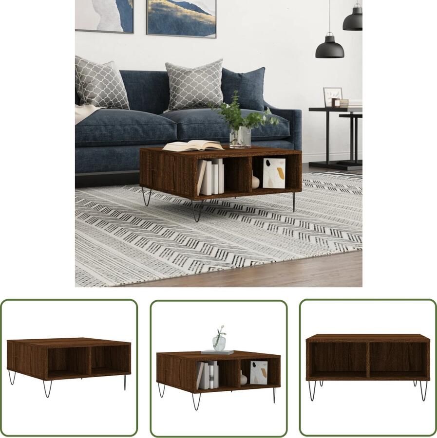 The Living Store Salontafel Bruineiken Bijzettafel 60x60x30 cm Stevig houten tafelblad en ijzeren poten Salontafel Bijzettafel Bruin Houten Tafel Metalen Poten
