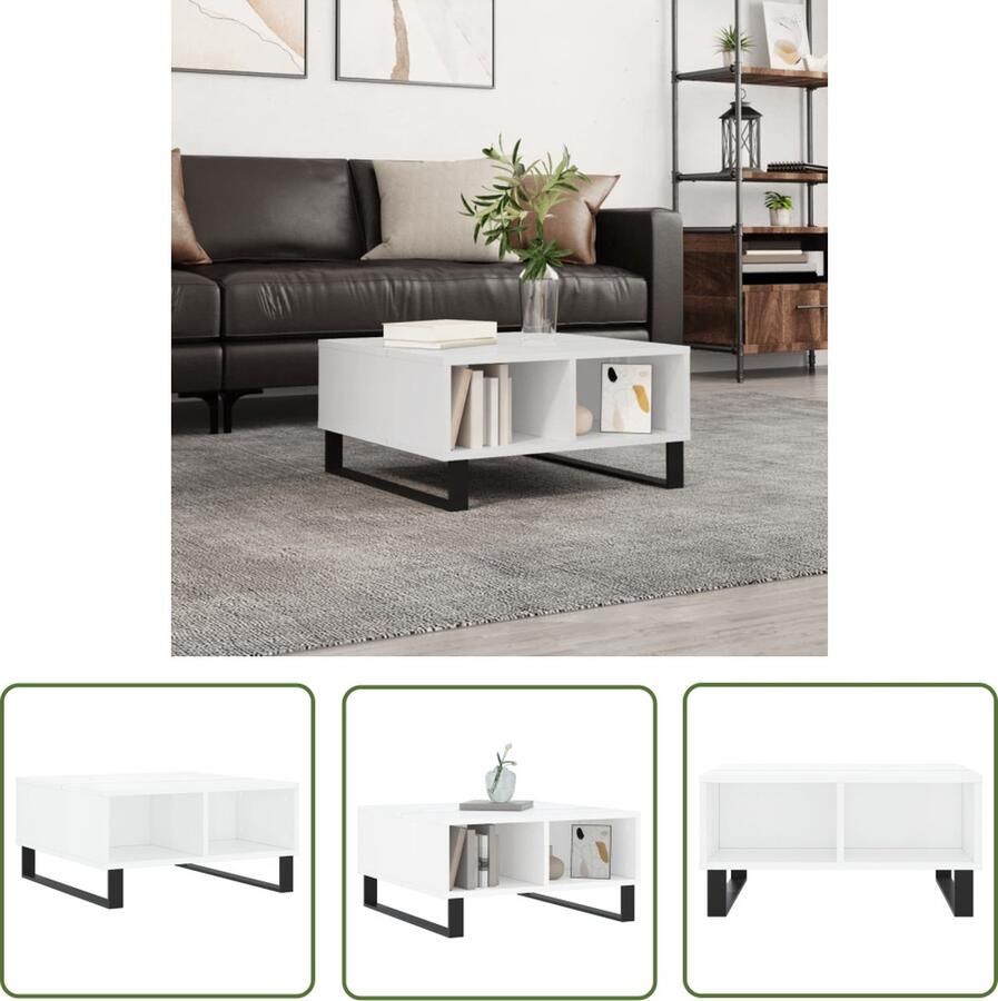 The Living Store Salontafel Basic Hoogglans wit 60 x 60 x 30 cm Bewerkt hout en ijzer Salontafel Bijzettafel Houten Salontafel Wit Salontafel Design Salontafel