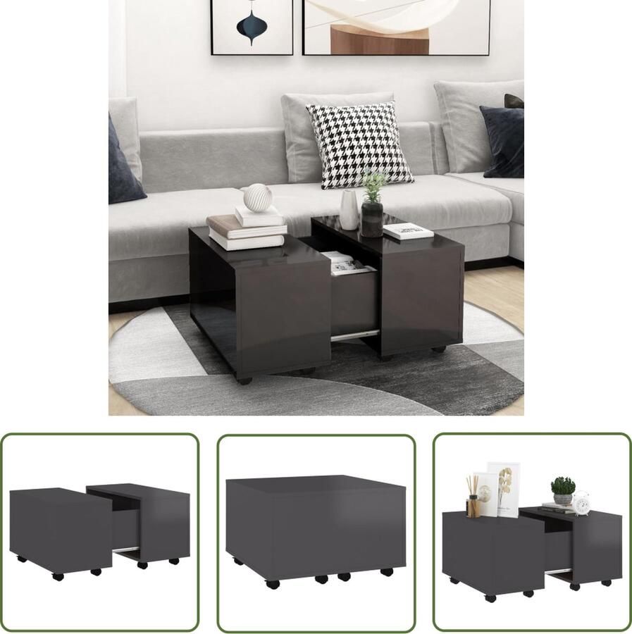 The Living Store Salontafel Hoogglans grijs 60x60x38 cm Stevig en duurzaam Met verlengfunctie Salontafel Koffietafel Houten Salontafel Grijze Salontafel Uitbreidbare Salontafel - Foto 2