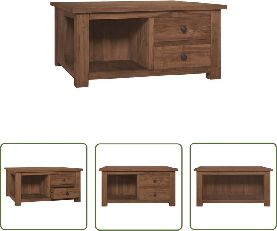 The Living Store Massief teakhouten Salontafel 68 x 68 x 33 cm Met 2 lades en 1 schap Salontafel Teak Massief Hout Vintage Landelijk