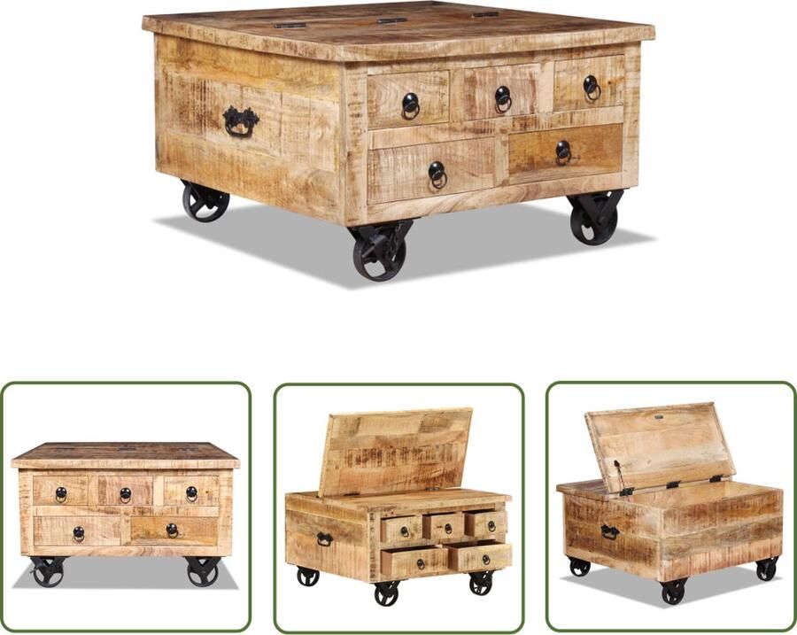 The Living Store Vintage salontafel industriÃle stijl mangohout 70 x 70 x 40 cm 5 lades 4 wielen Salontafel Mangohout Vintage Industrieel Bijzettafel - Foto 4