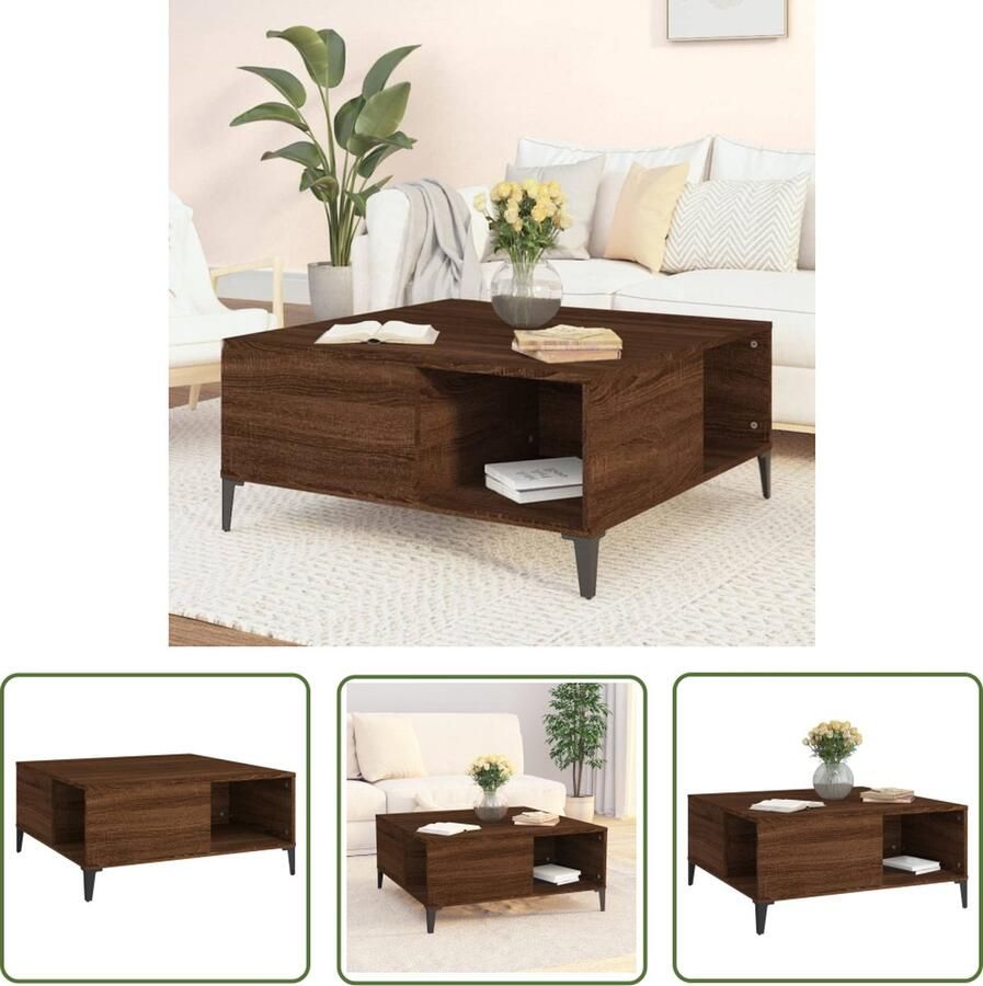 The Living Store Salontafel Bruineiken 80 x 80 x 36.5 cm Houten bijzettafel met opbergruimte Salontafel Houten Salontafel Bruine Eiken Salontafel Bijzettafel Opbergruimte