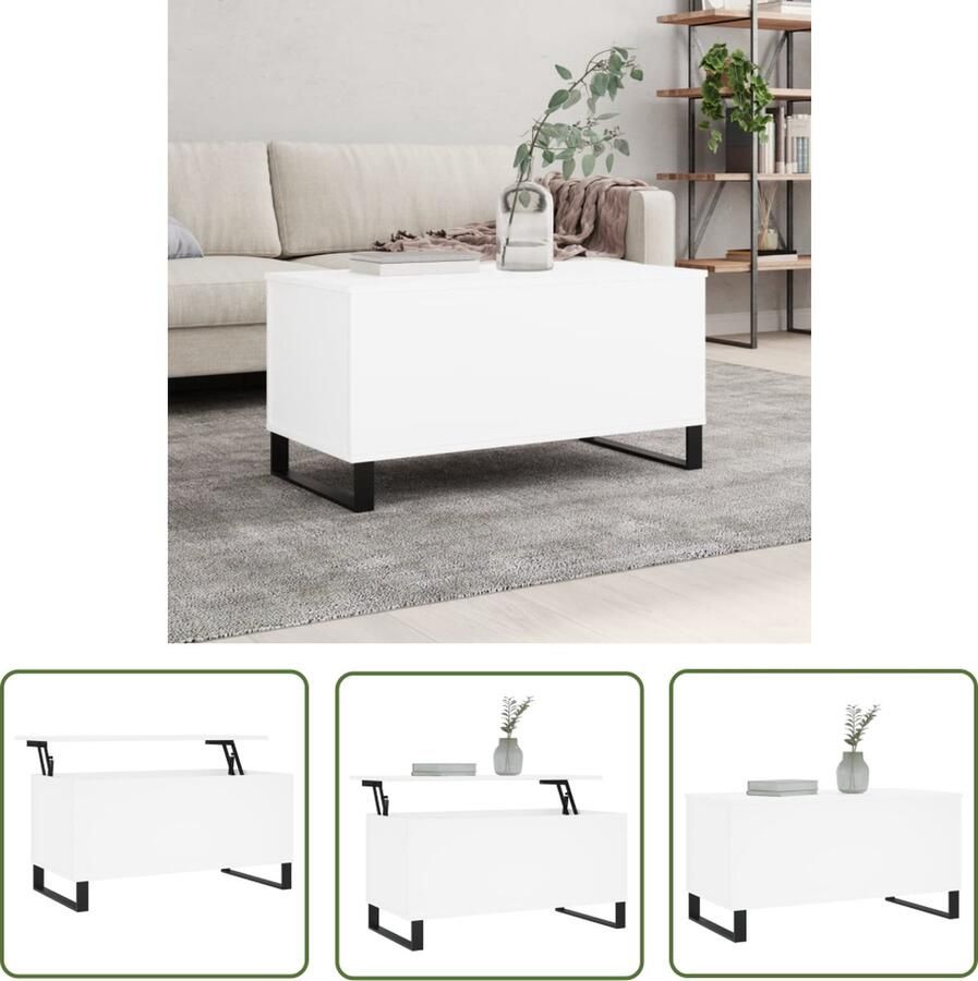 The Living Store Salontafel Lift-top ontwerp Duurzaam bewerkt hout Voldoende opbergruimte Metalen poten Wit 90 x 44.5 x 45 cm Salontafel Salontafels Koffietafel Bijzettafel Houten Tafels