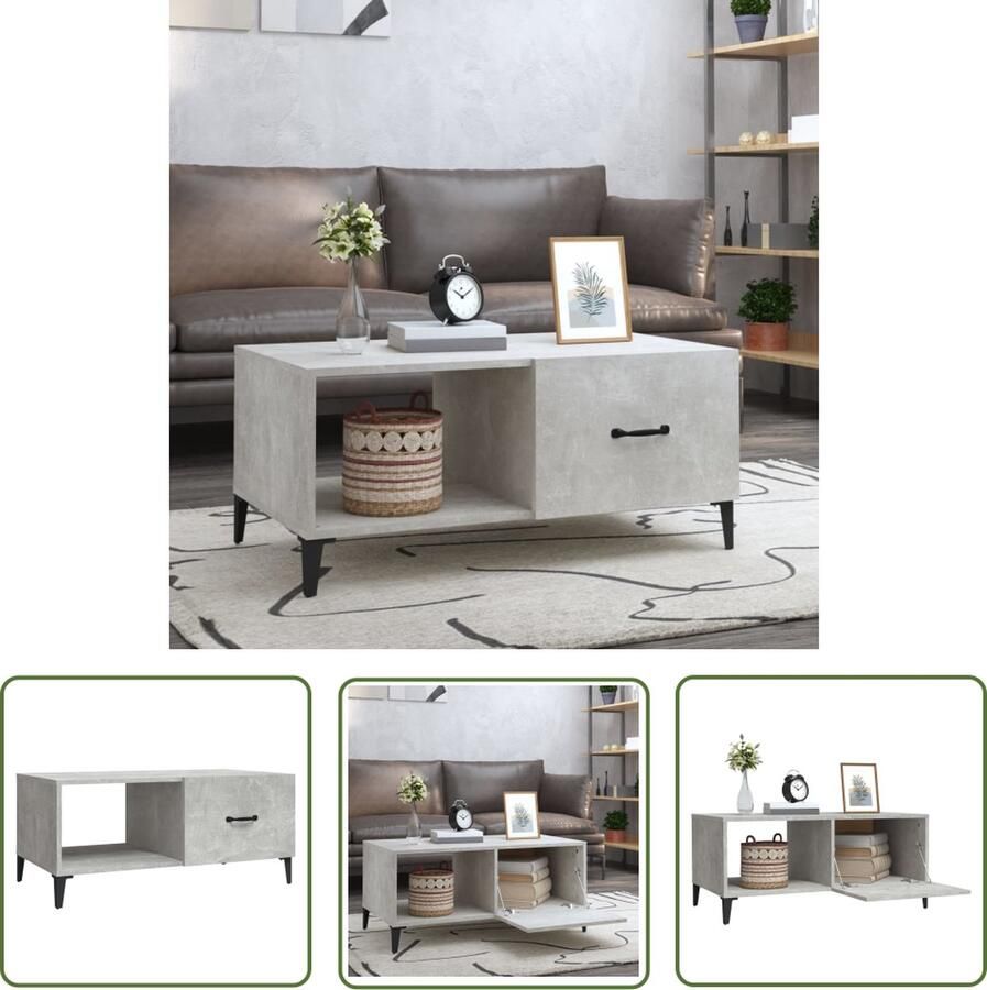 The Living Store Salontafel Betongrijs 90 x 50 x 40 cm Stevig bewerkt hout en ijzer Salontafel Betongrijs Houten Salontafel Salontafeltjes Koffietafel - Foto 2