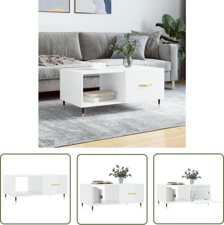 The Living Store Salontafel Hoogglans Wit 90x50x40 cm Duurzaam hout Veel opbergruimte Stevig tafelblad Praktische deur IJzeren poten Salontafel Bijzettafel Houten Salontafel Hoogglans Wit Salontafel Met Lade