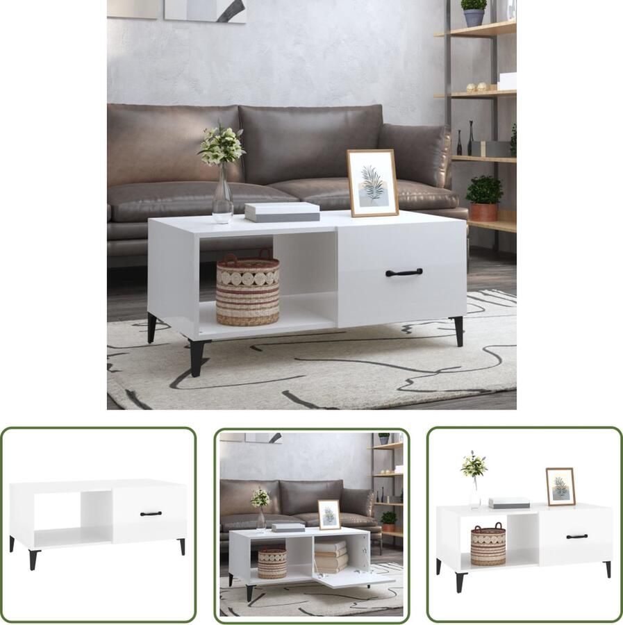 The Living Store Salontafel Hoogglans Wit 90x50x40 cm Bewerkt Hout en Ijzer Salontafel Bijzettafel Houten Salontafel Witte Salontafel Modern Meubilair - Foto 3