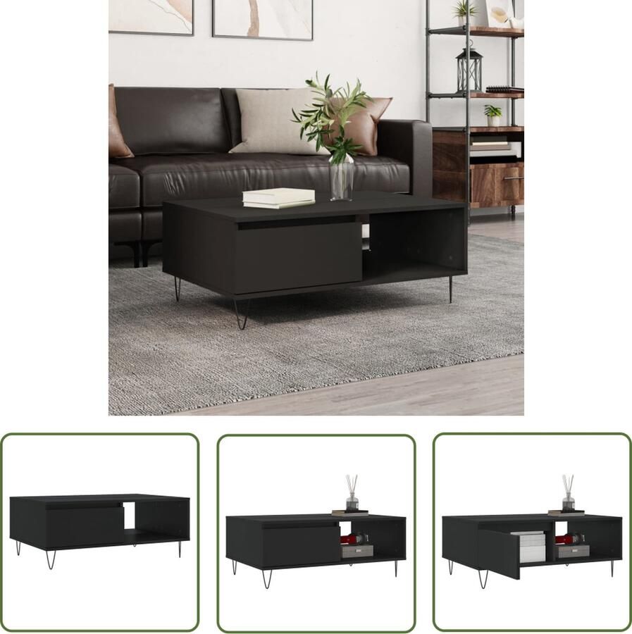 The Living Store Salontafel Banktafel Afmetingen 90 x 60 x 35 cm Zwart Bewerkt hout en ijzer Salontafel Banktafel Houten Tafel Metalen Tafel Zwarte Tafel