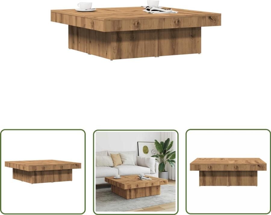 The Living Store Salontafel 90x90x28 cm bewerkt hout artisanaal eikenkleur Salontafel Houten Salontafel Bijzettafel Eikenhouten Salontafel Living Room Furniture - Foto 2